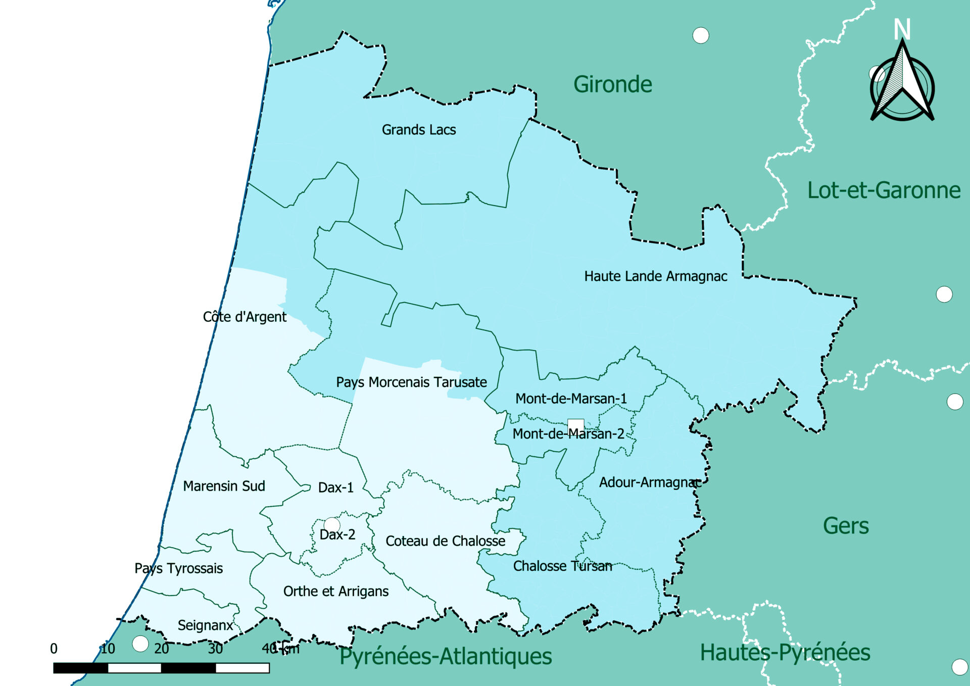 Aperçu carte des cantons des Landes